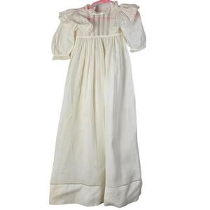 Antique white infant christening gown drawn threadwork lace